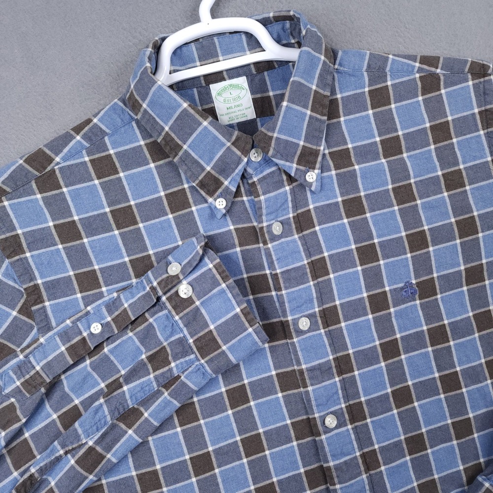 Brooks Brothers Milano Original Polo Shirt Mens‎ Large L Blue Brown Plaid Cotton